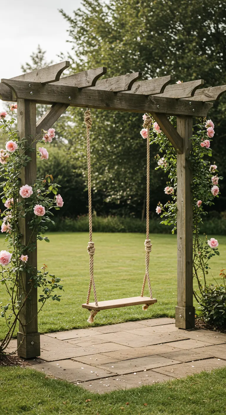 Houten schommel met touw aan pergola, omringd door roze rozenstruiken.