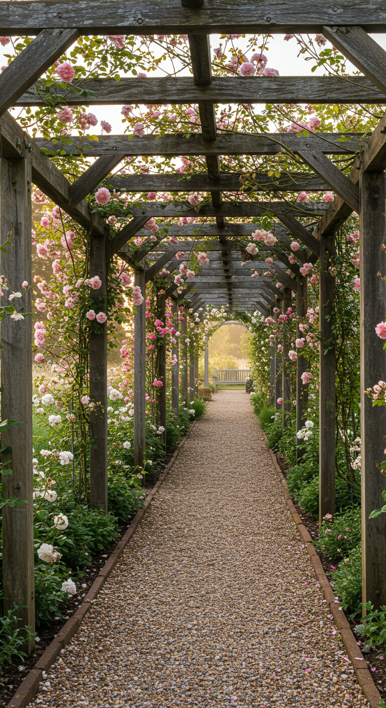 Lange houten pergola over een grindpad, overdekt met bloeiende roze klimrozen.