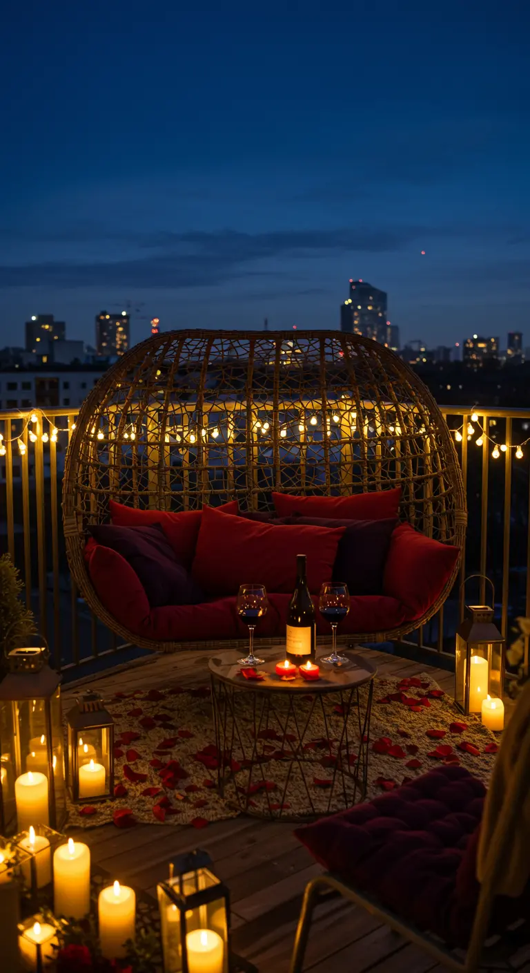 Sfeervol balkon 6 met tweepersoons hangstoel en romantische verlichting