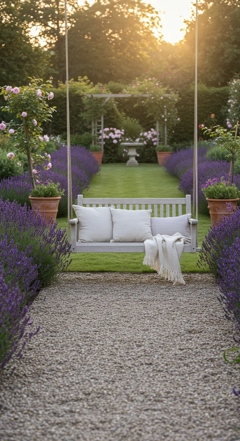 Witte schommelbank op grindpad met lavendel, omarmd door zonsonderganglicht, met kussens.