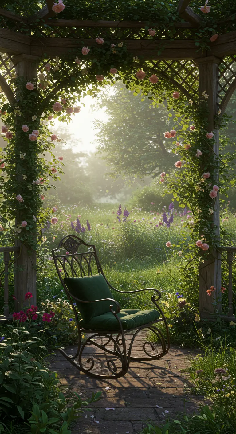 Sierlijke metalen schommelstoel met groen kussen onder een rozen-pergola in een dromerige, bloeiende tuin.
