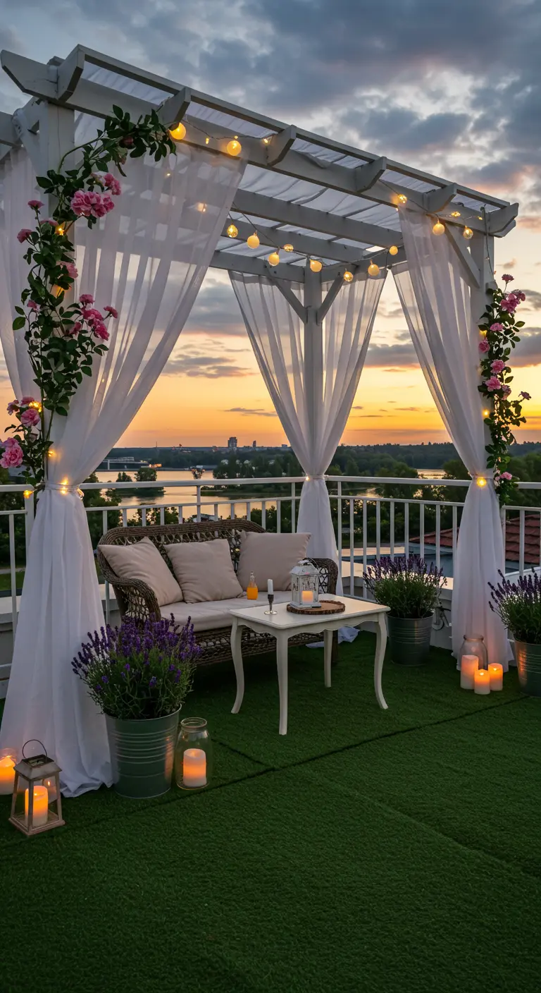 Romantische daktuin met witte pergola, kunstgras, vitrage gordijnen, rozen en kaarslantaarns.
