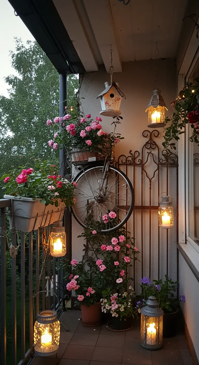 Rustiek balkon met fietswiel als decoratie, klimrozen en lantaarns.