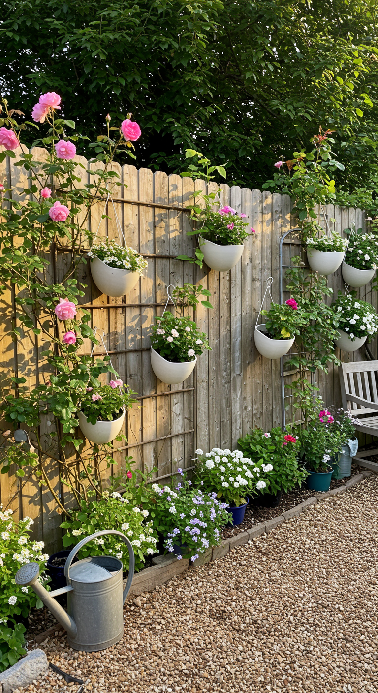 Houten schutting met roze klimrozen en witte hangpotten met bloeiende planten.