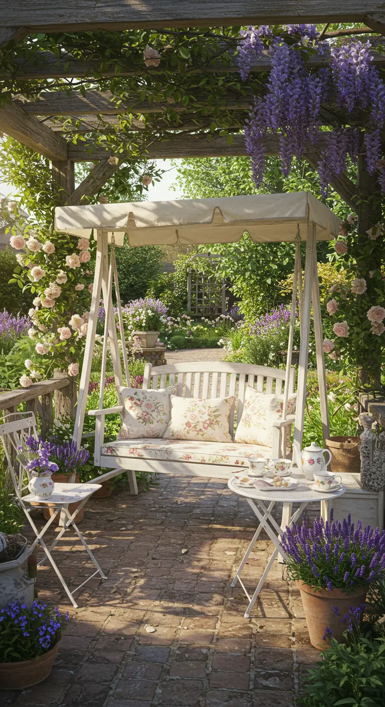 Witte houten schommelbank met bloemenkussens onder een bloeiende pergola.