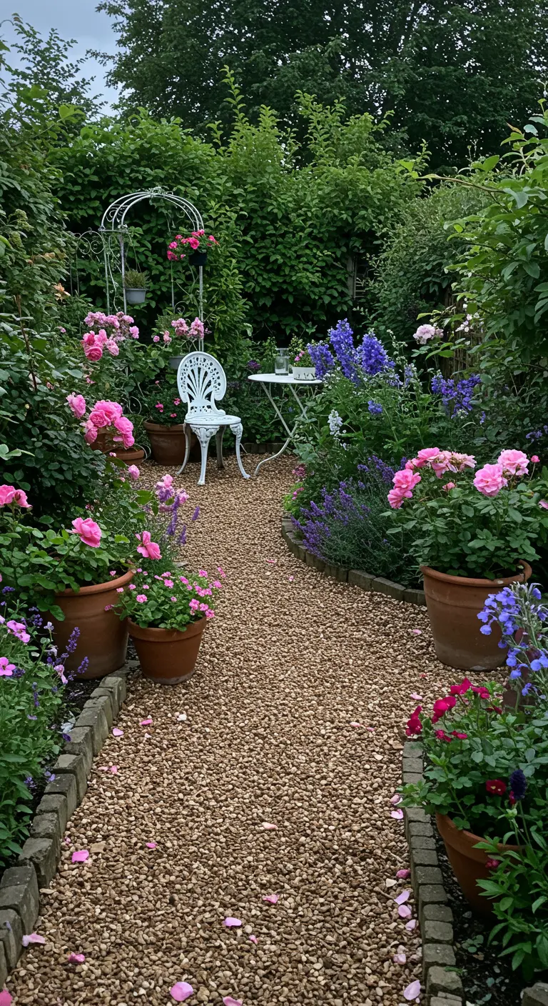 Romantisch grindpad in een cottagetuin, omzoomd door roze en paarse bloemen in borders en potten.