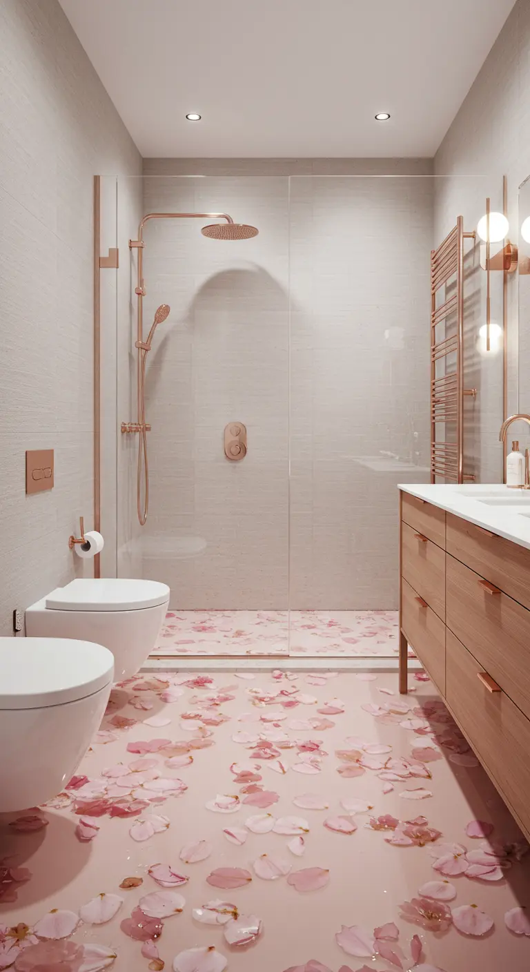 Moderne badkamer met een lichte epoxyvloer waarin roze rozenblaadjes lijken te zijn ingegoten.