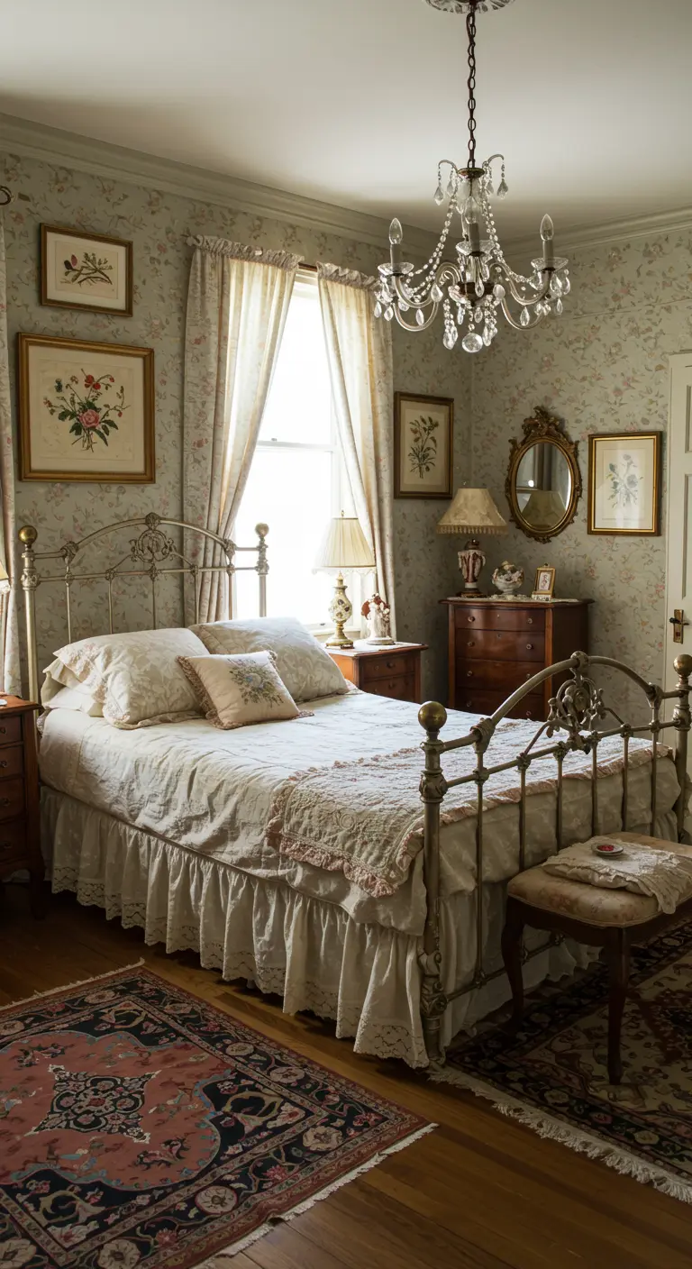 Vintage romantische slaapkamer met metalen bed, bloemenbehang en kroonluchter.