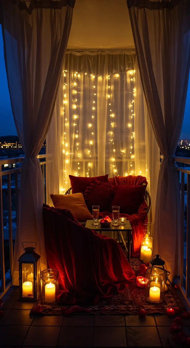 Romantisch balkon 's avonds met gordijnen, lichtjes, kaarsen en rode fluwelen kussens.