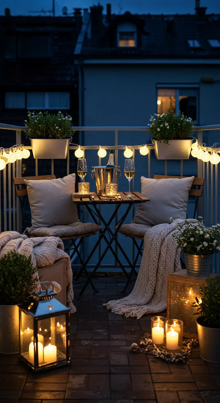 Romantisch balkon met kaarsen, lantaarns, zachte plaids en lichtslingers.