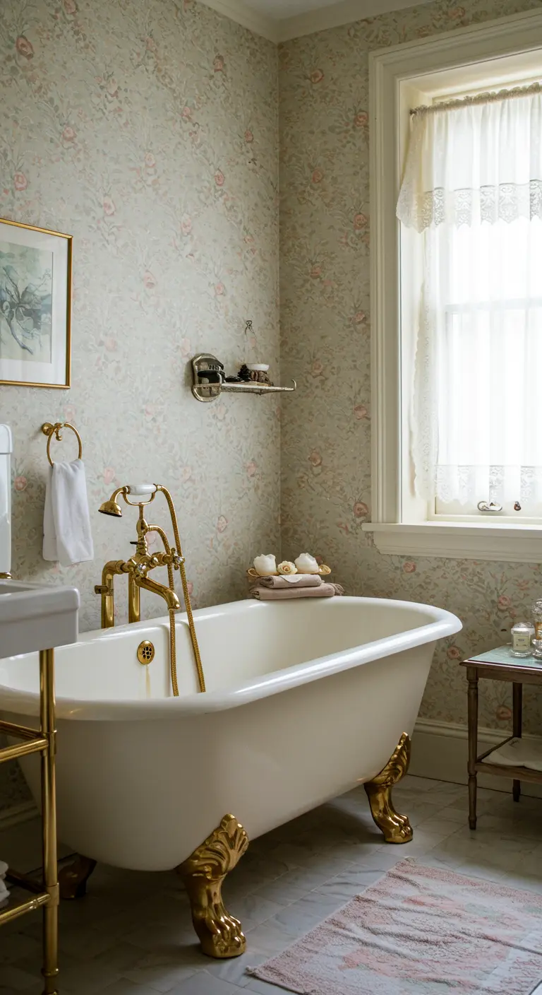 Badkamer met bloemenbehang en vrijstaand bad op gouden pootjes
