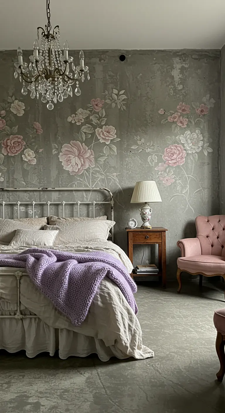 Romantische slaapkamer met betonlook bloemenmuur, metalen bed en kroonluchter.