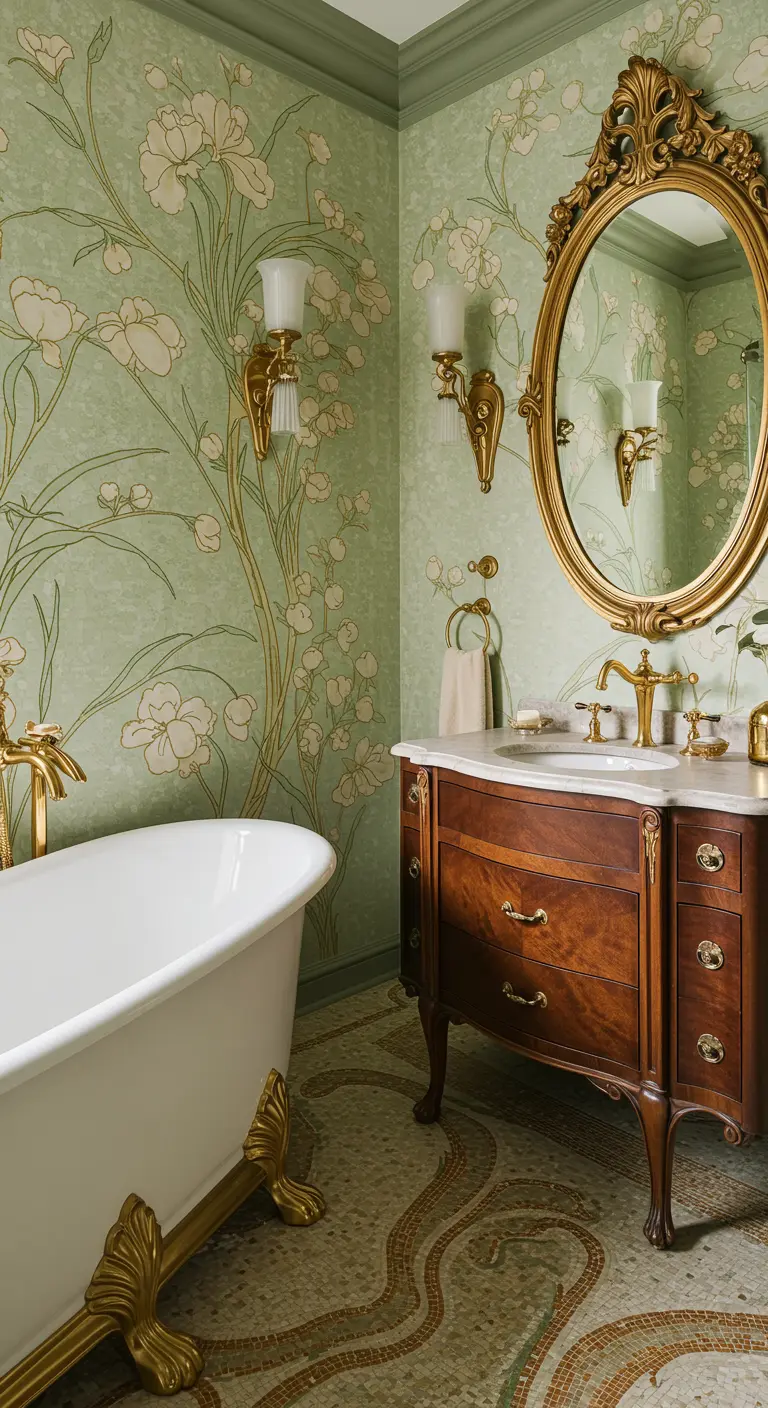 Romantische badkamer met bloemenbehang, gouden spiegel, badkuip en mozaïekvloer.