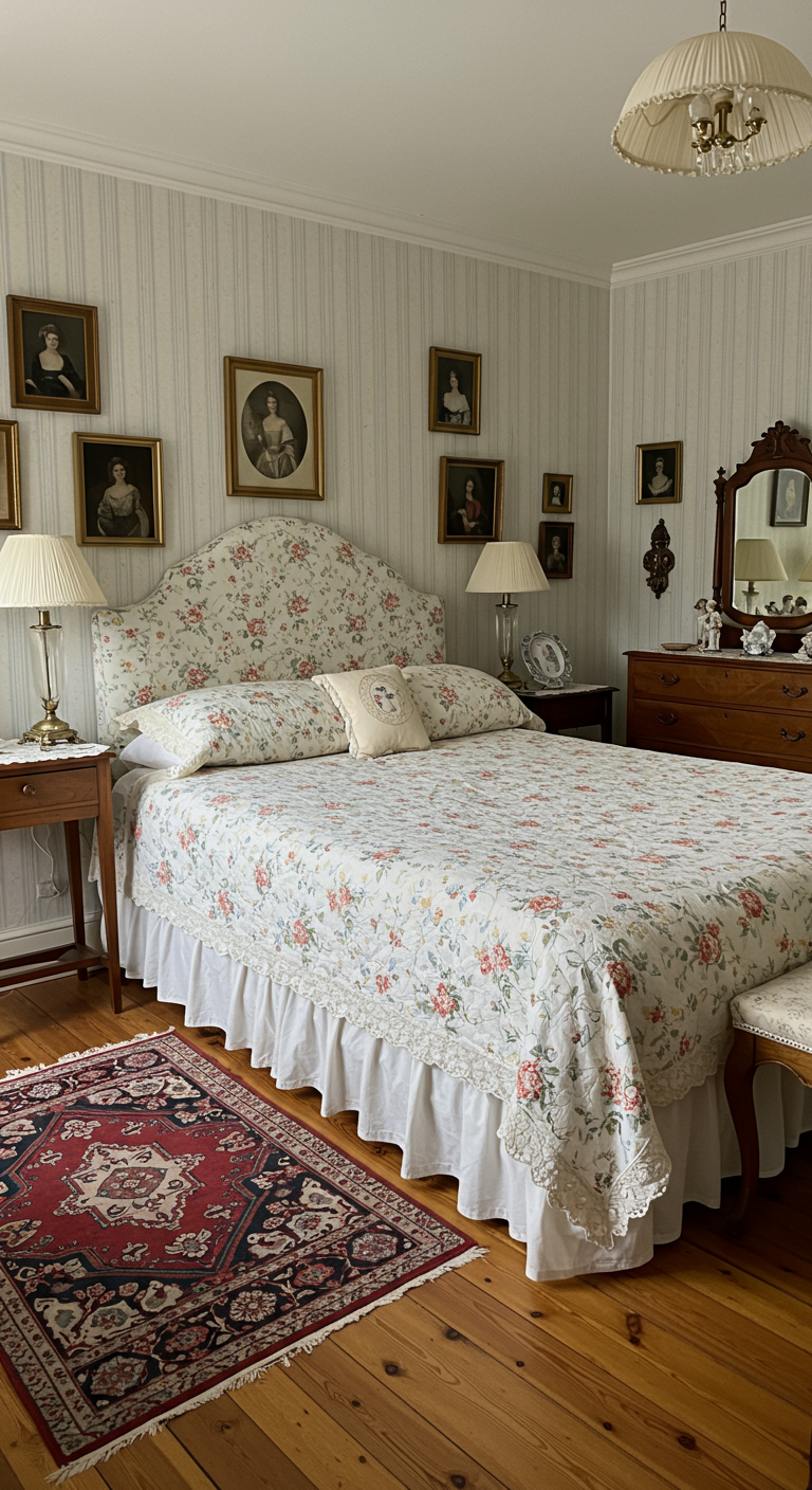 Klassiek romantische slaapkamer met bloemenpatroon beddengoed, antieke meubels en gallery wall.