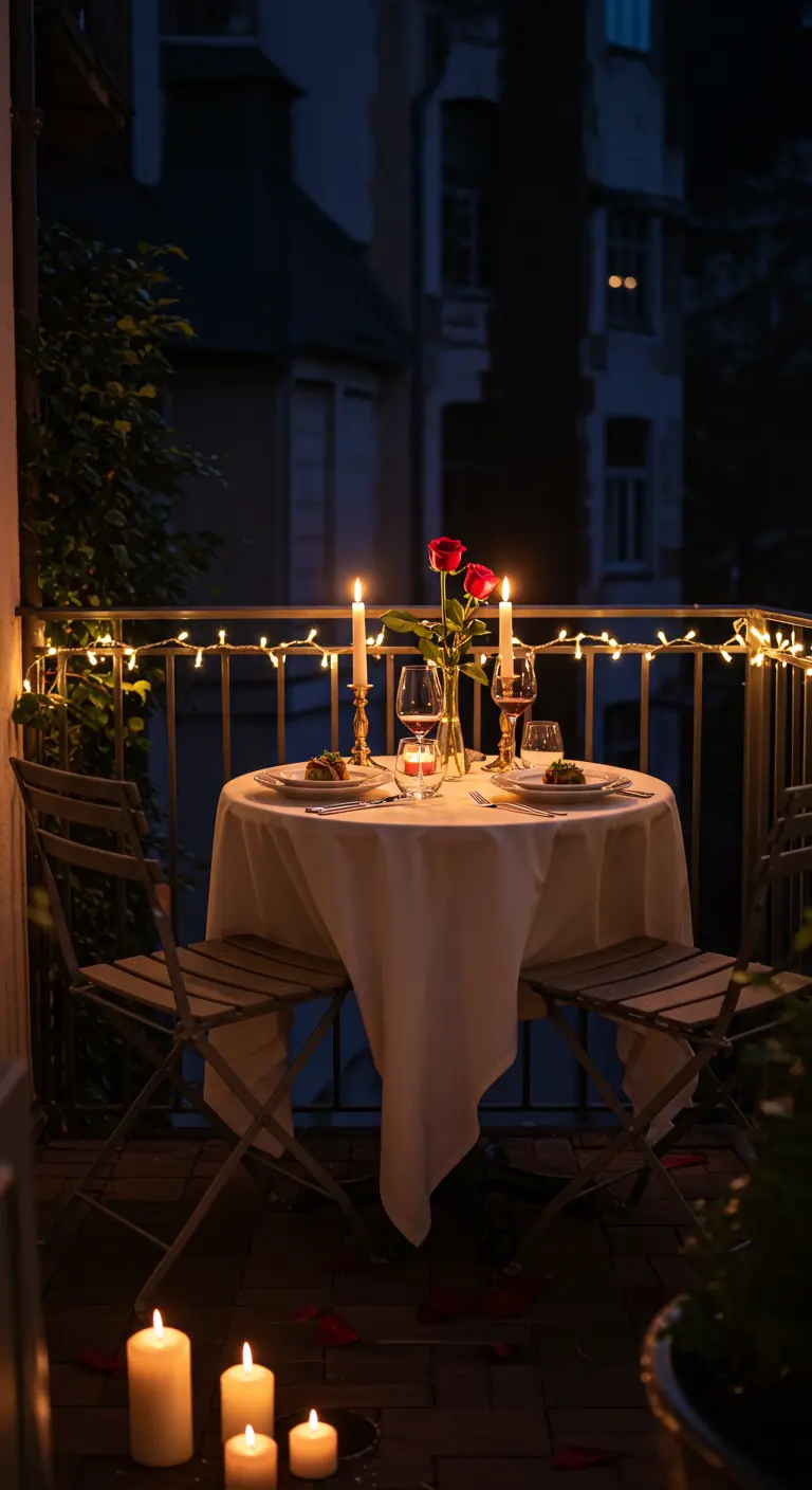 Romantisch gedekte tafel voor twee op balkon met kaarsen, rozen en lichtslingers.