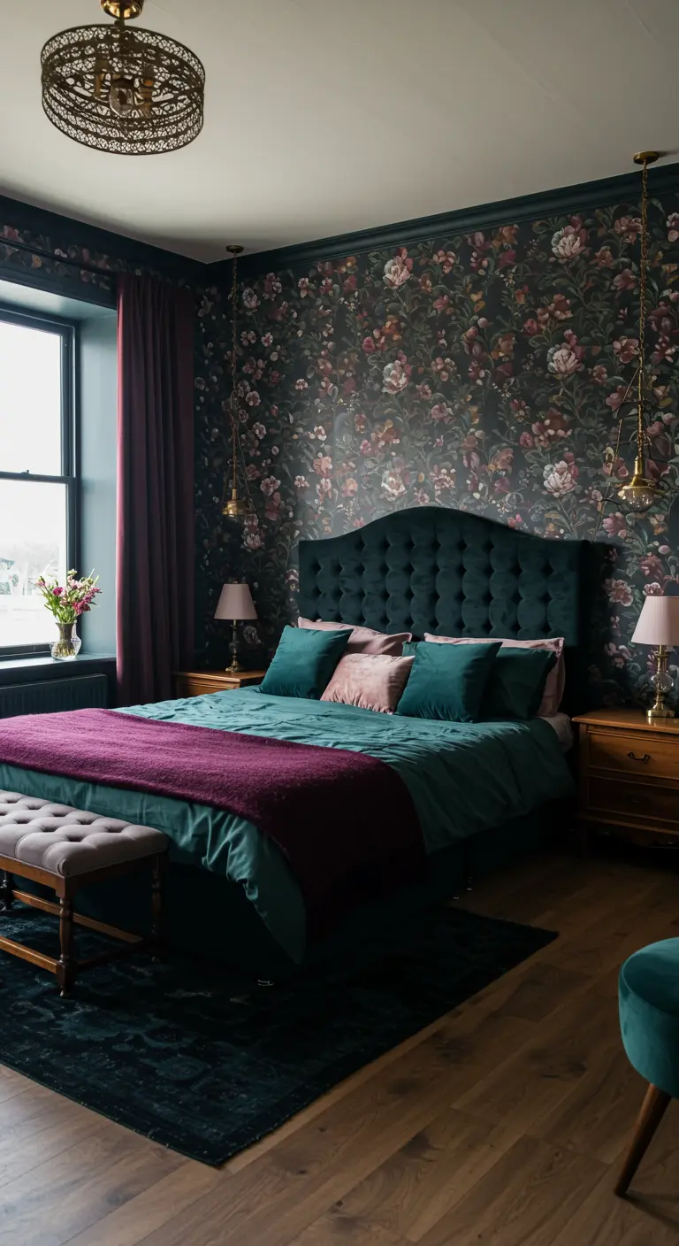 Donkere romantische slaapkamer met bloemenbehang en groen fluwelen hoofdbord.