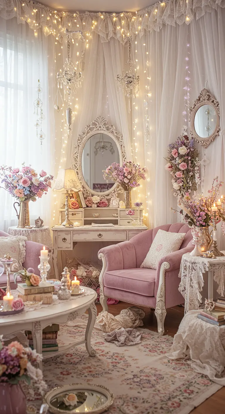 Romantische boho woonkamer met roze fauteuil, kant, lichtslingers en bloemen.