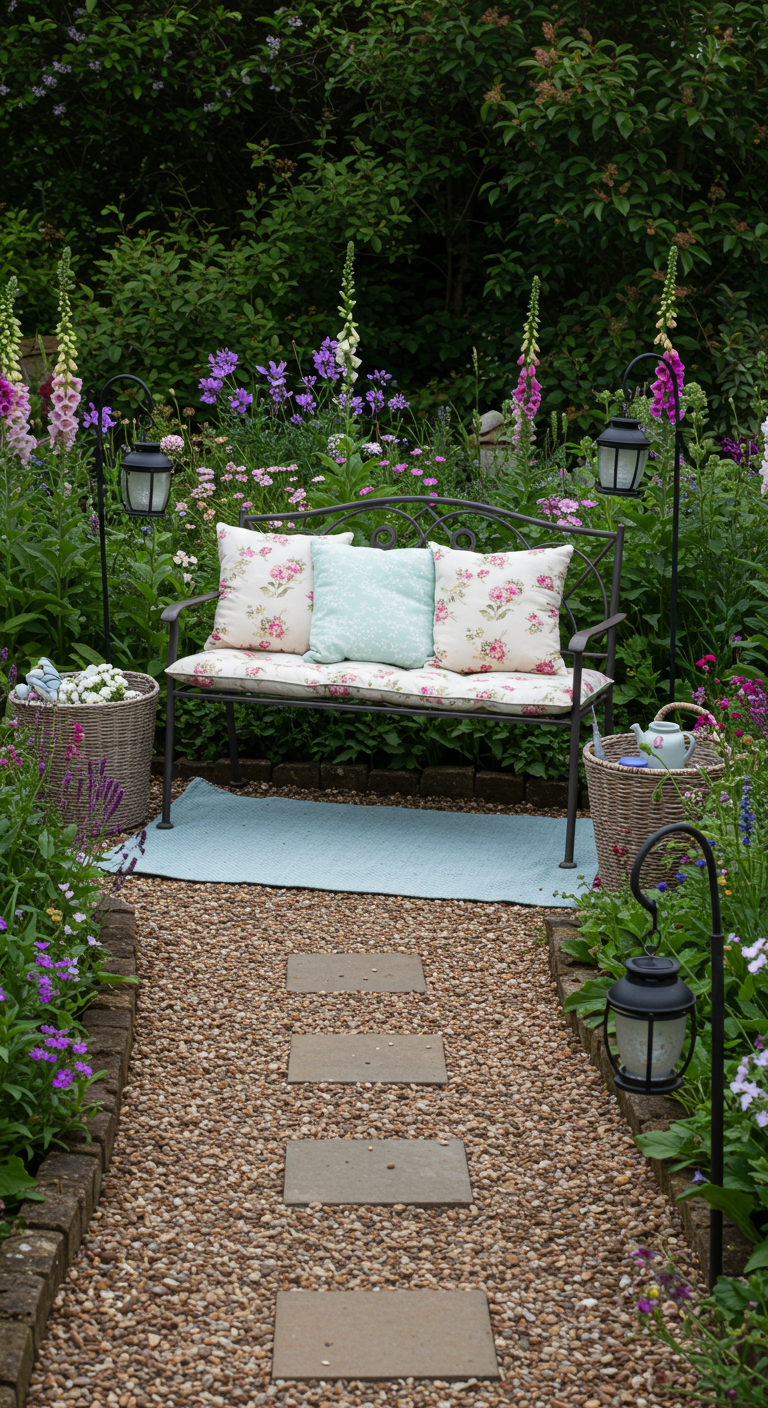 Metalen tuinbankje met bloemenkussens en pastelkleurig kleed in bloementuin.