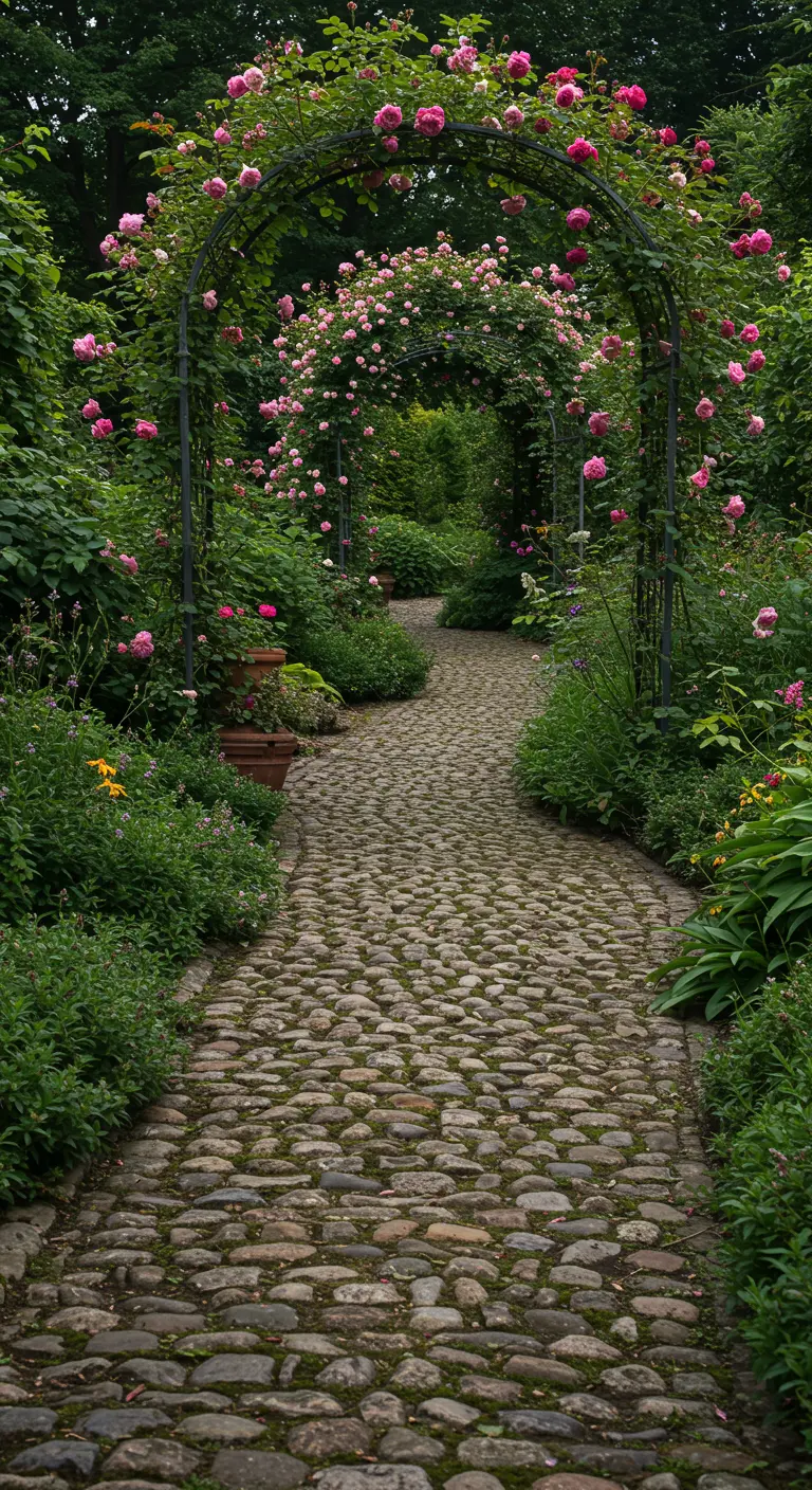 Pad van kinderkopjes onder rozenboog in weelderige, bloemrijke tuin.