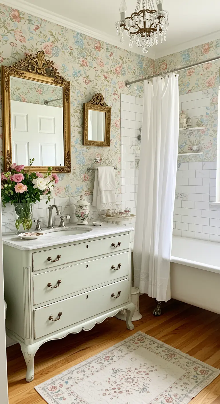 Klassieke badkamer met delicaat bloemenbehang en gouden spiegel