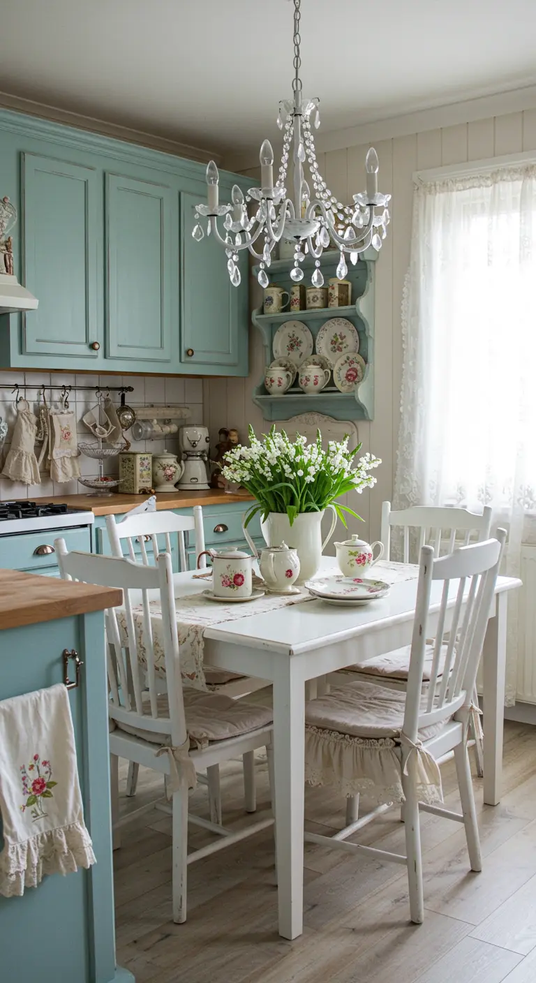 Landelijke keuken met lichtblauwe kasten, witte eettafel, bloemen en kroonluchter.