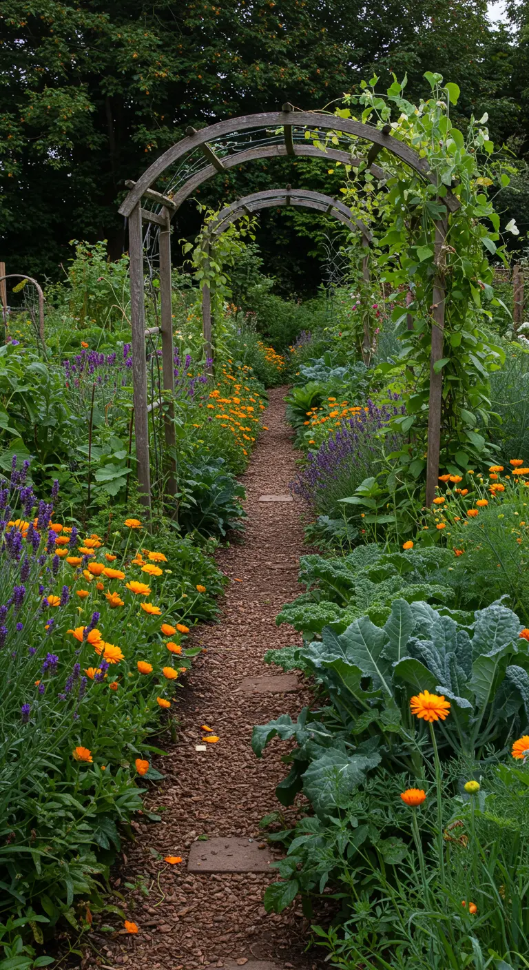 Tuinpad met houten bogen, omzoomd door goudsbloemen, lavendel, salie en boerenkool.