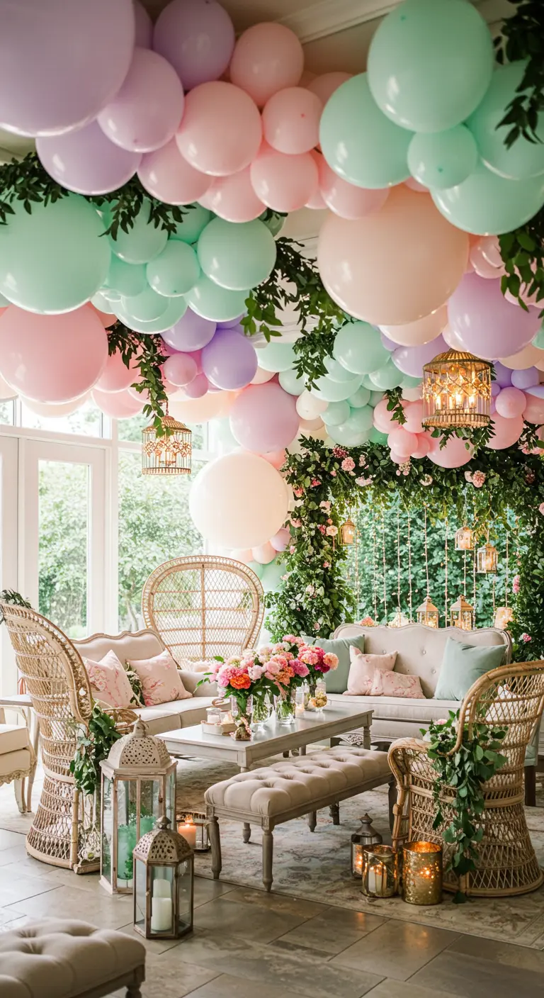 Grote pastelkleurige ballonnen aan plafond met groene bladslingers en gouden lantaarns.