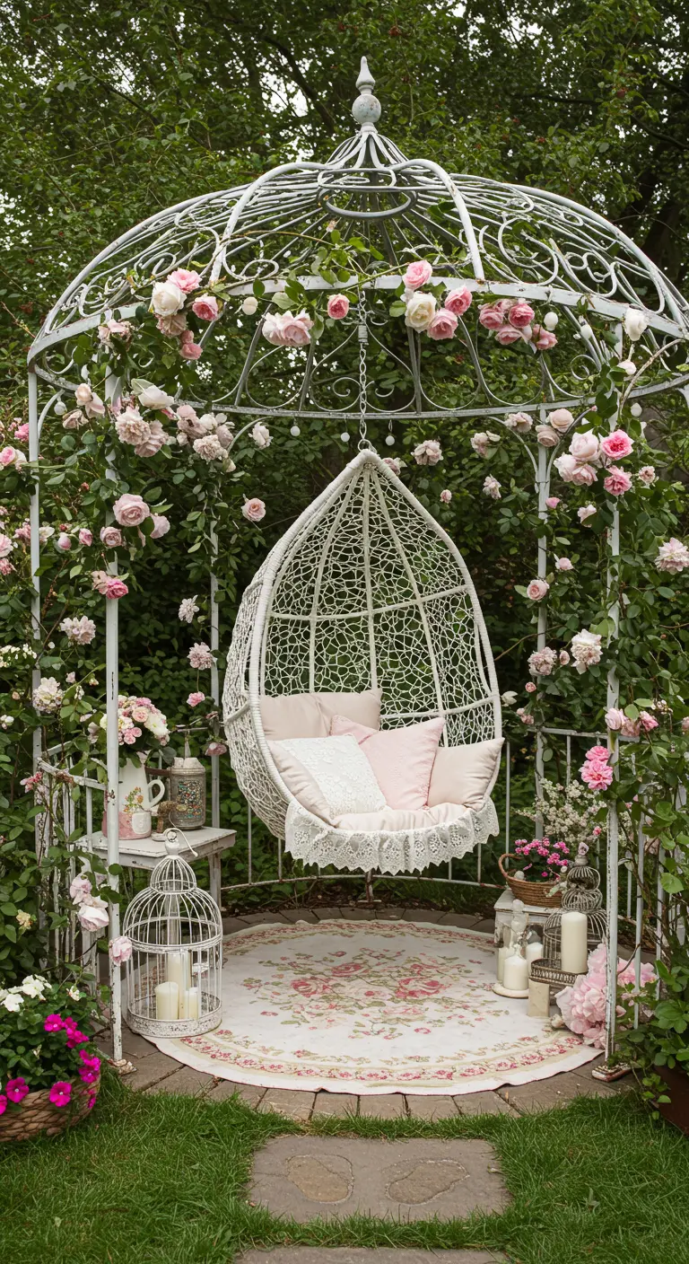 Witte metalen hangstoel in een rozenpaviljoen met een roze-wit kleed en romantische decoraties.