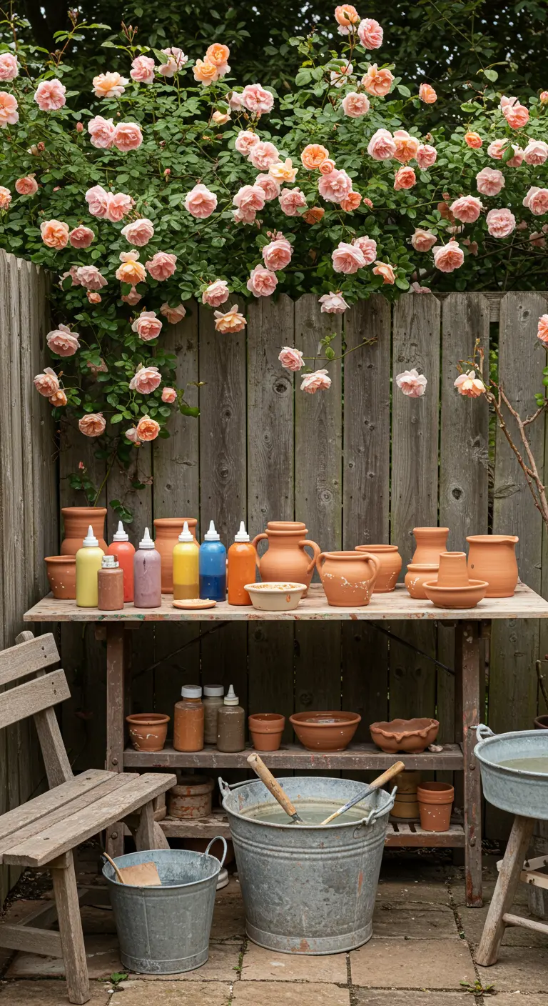 Buitenwerkplek voor potten beschilderen onder rozenstruik, met houten tafel en terracotta potten.