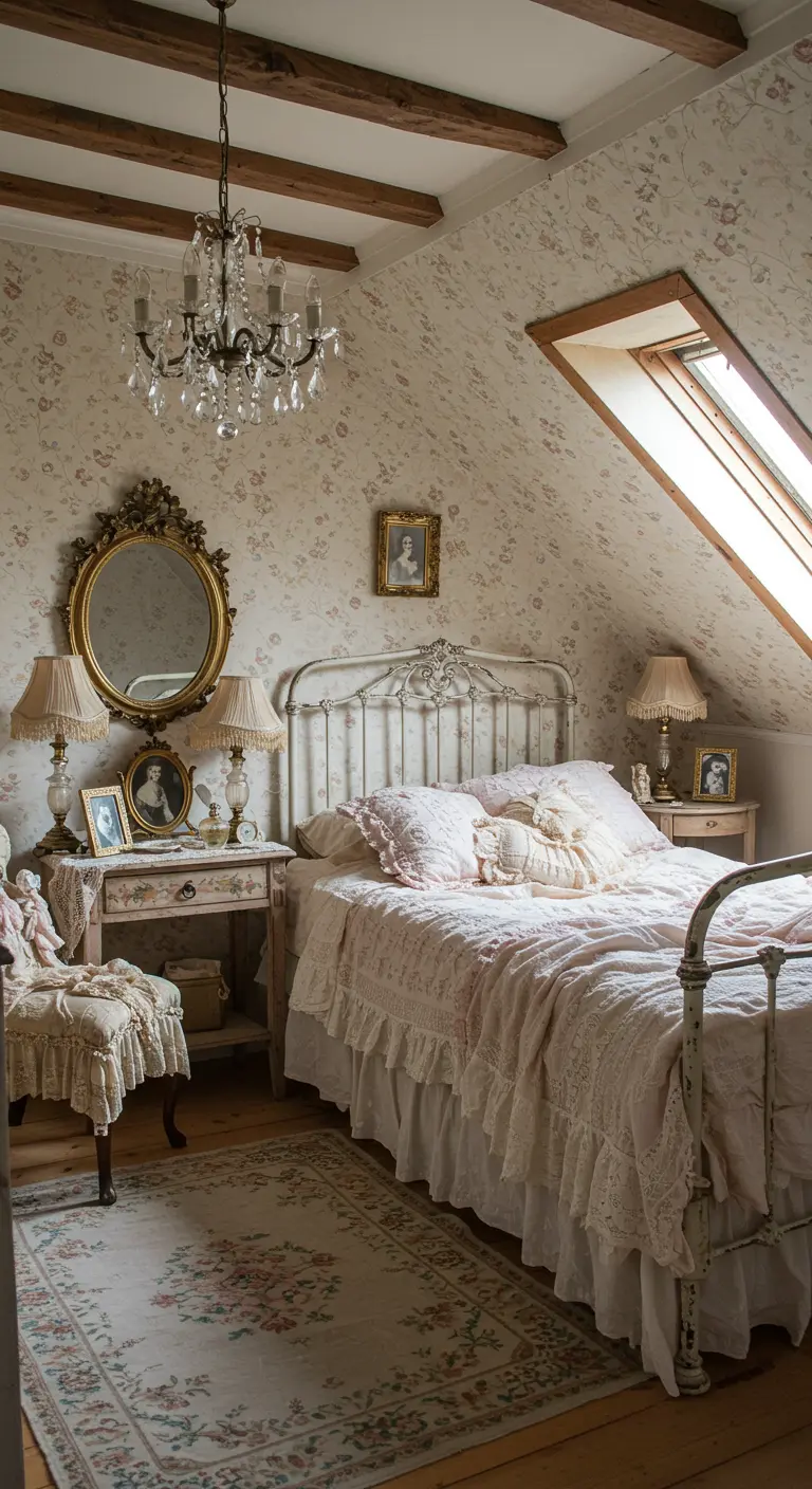 Romantische zolderslaapkamer met bloemetjesbehang en brocante meubels.
