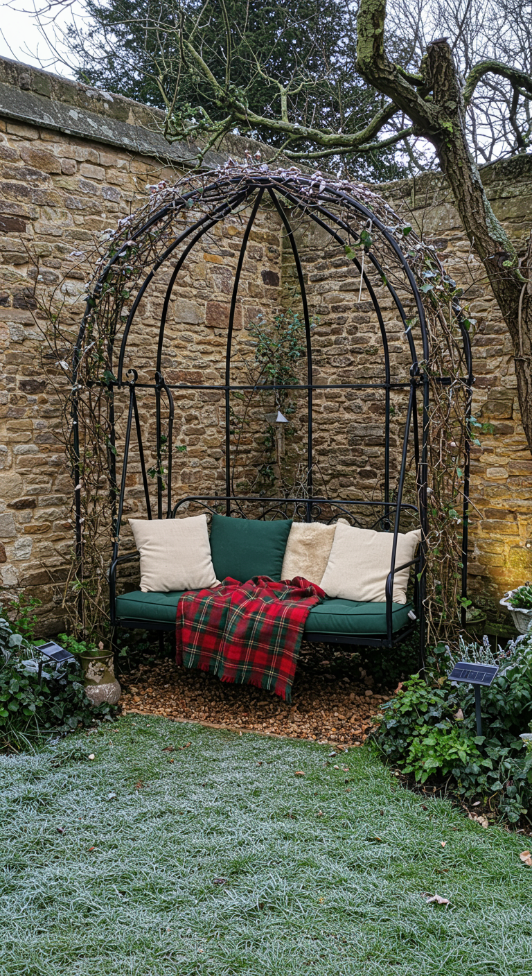 Metalen prieel-schommelbank met Schotse ruit plaid in een winterse tuin met rijp.