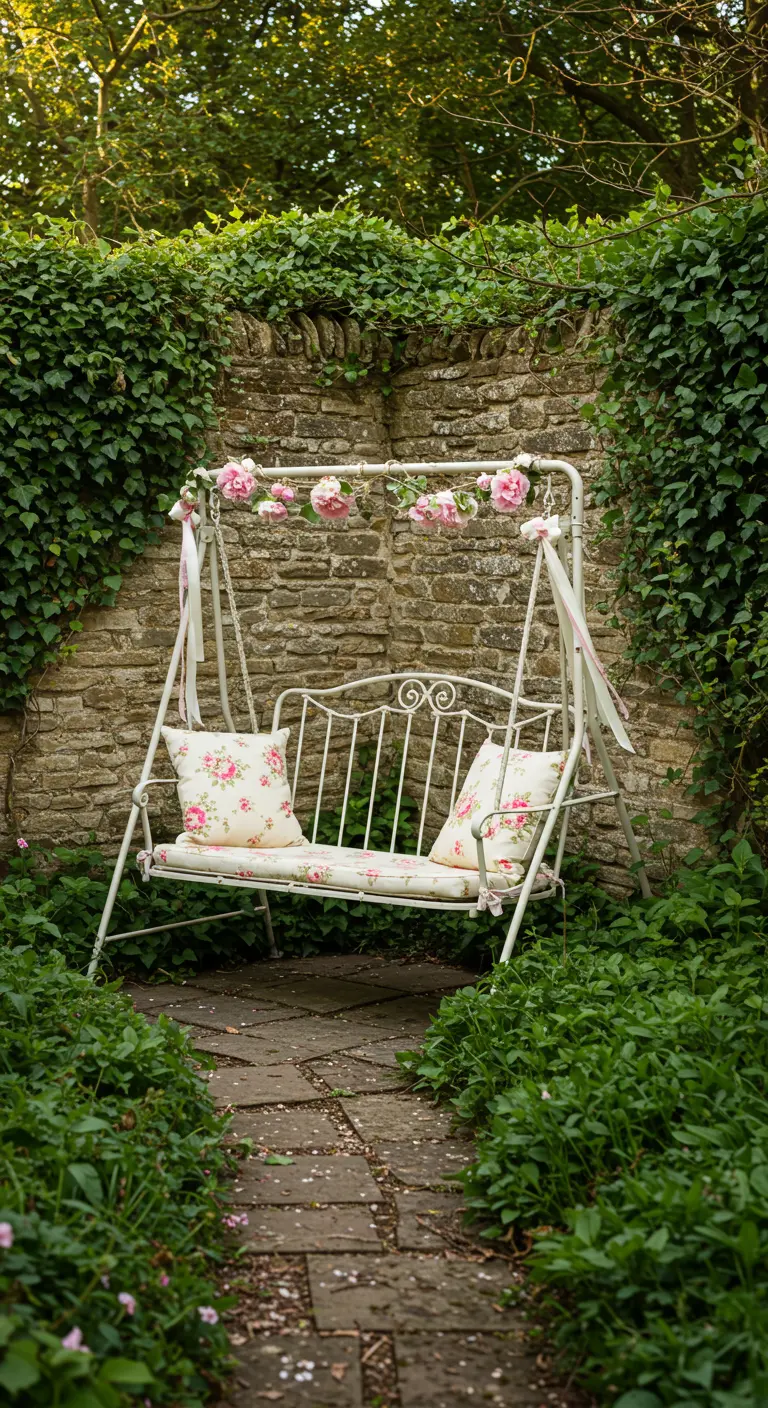 Witte metalen schommelbank met roze bloemenkussens en bloemdecoratie in een romantische tuin.