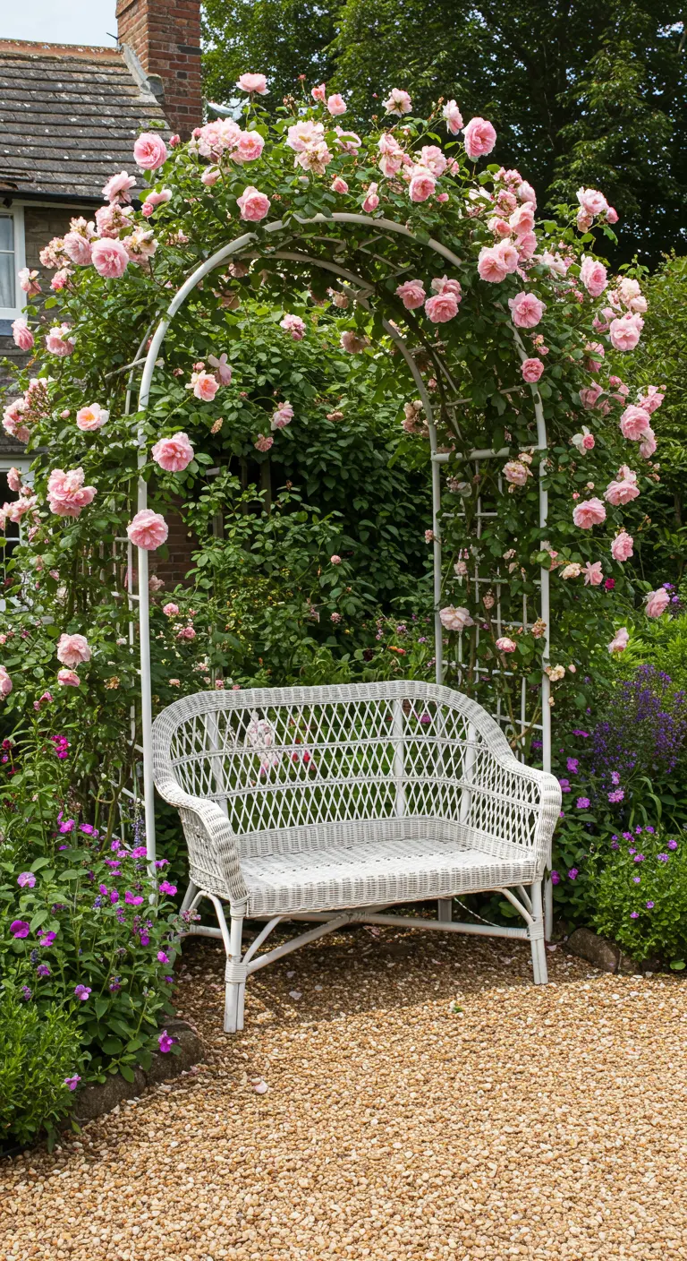 Wit rotan bankje onder een boog met roze rozen in een tuin.