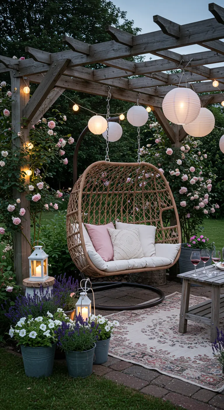 Rotan hangstoel onder pergola met roze rozen en witte lampionnen, avondsfeer.