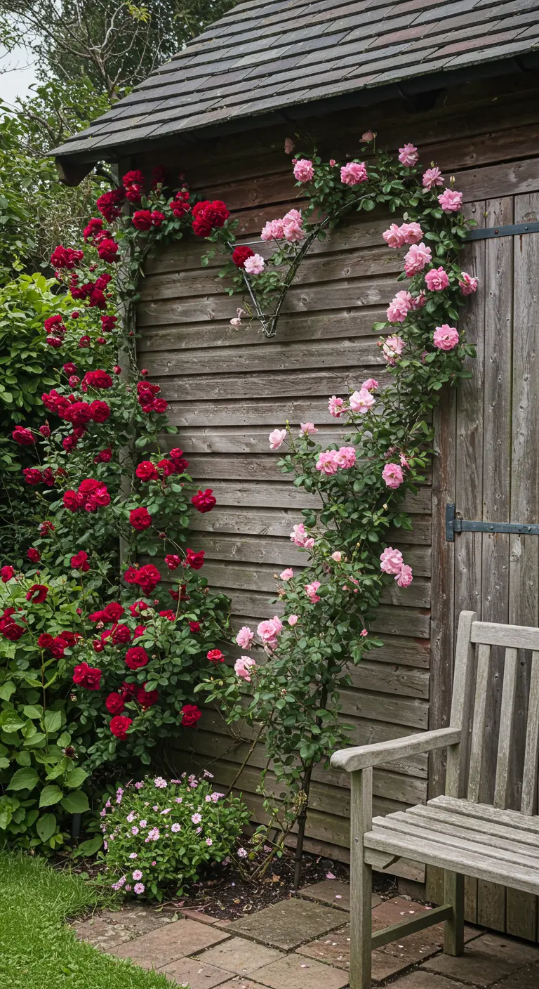 Rode en roze klimrozen geleid in een hartvorm tegen een houten schuurwand.