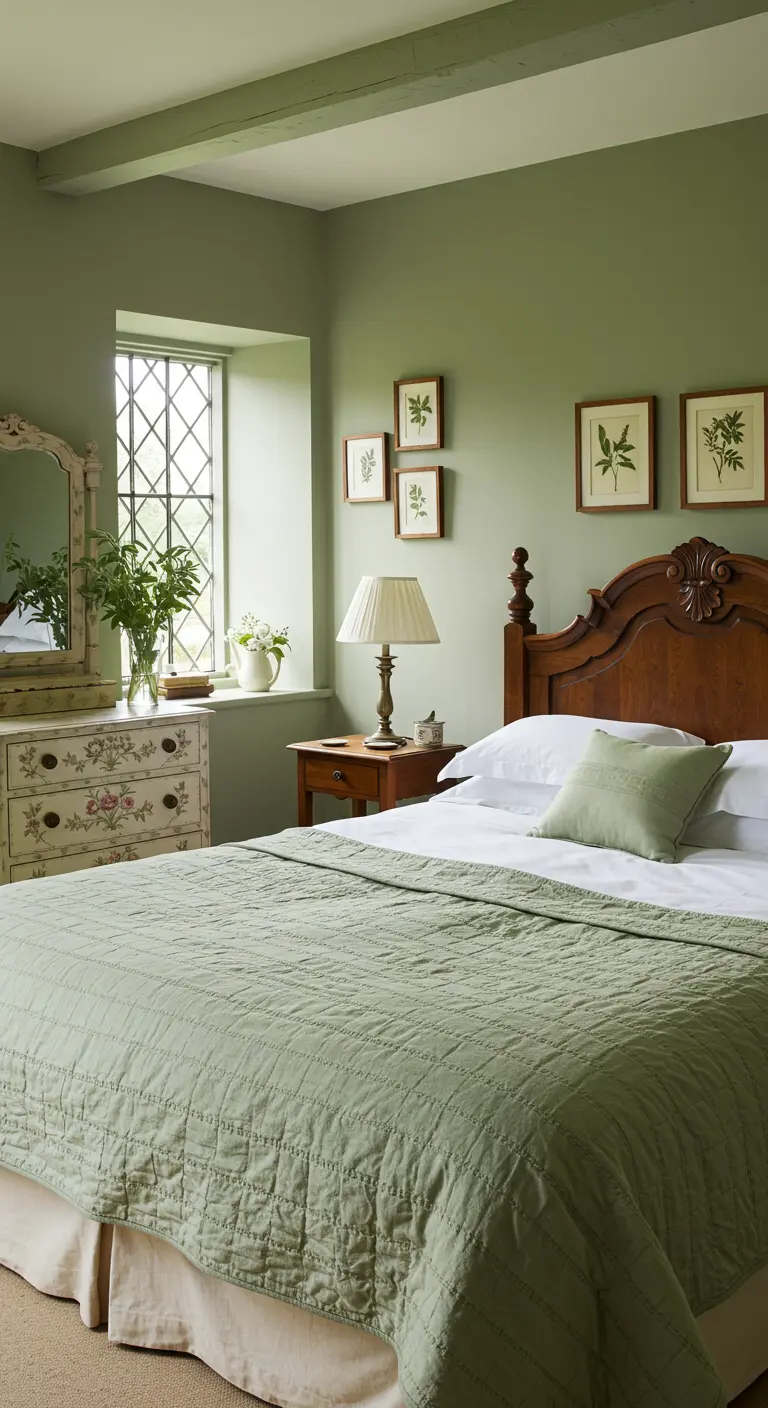 Rustieke slaapkamer, saliegroene muren, antiek houten bed, gebloemde ladekast, botanische prints.