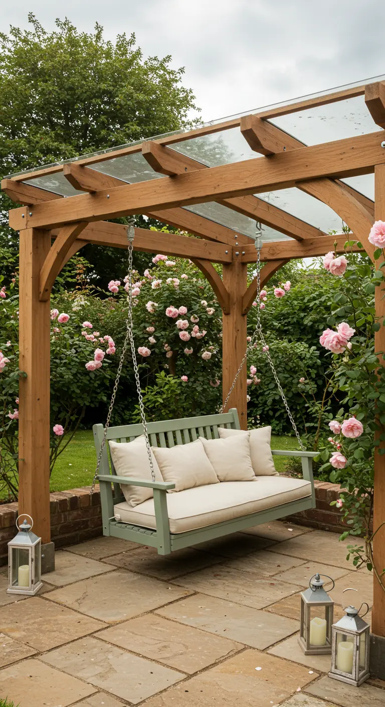 Houten schommelbank met lichte kussens onder transparant dak, omringd door roze rozen.