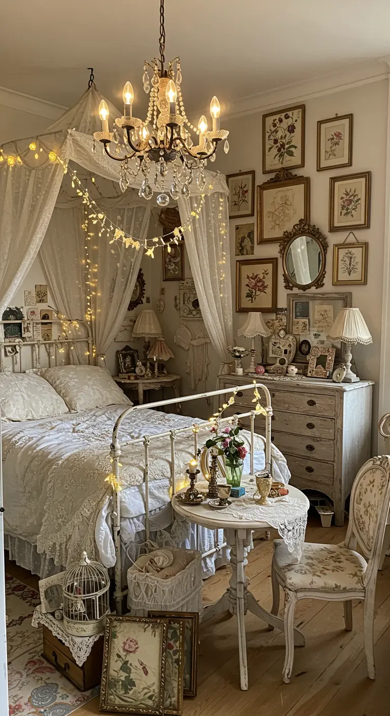 Romantische slaapkamer in shabby chic stijl met wit kant, fairy lights en een kroonluchter.