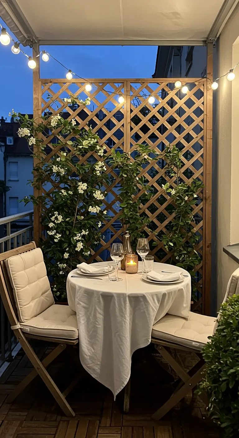 Knus balkon met bistroset, witte bloeiende klimplanten tegen houten trellis en lichtslingers.