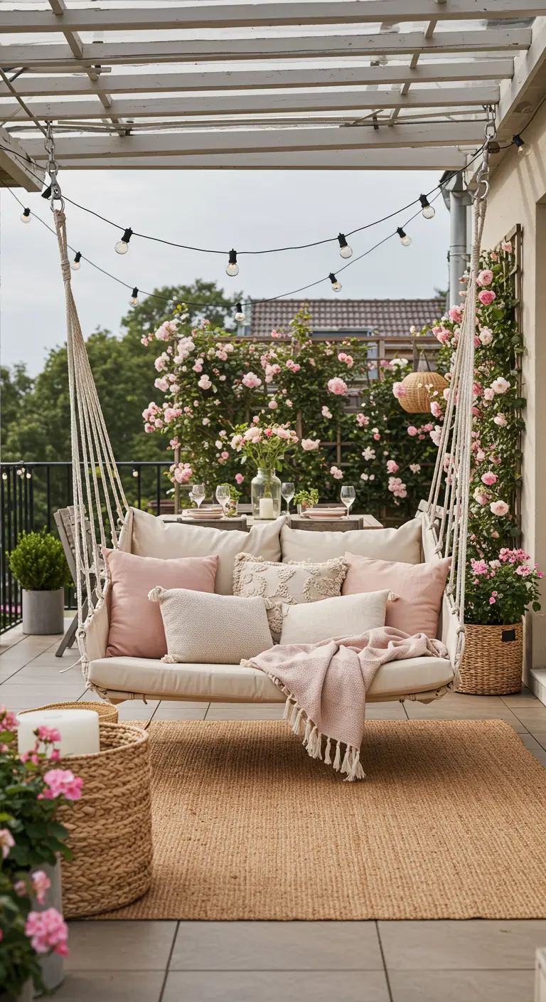 Brede stoffen hangstoel voor twee personen op balkon met roze rozen en zachte kussens.