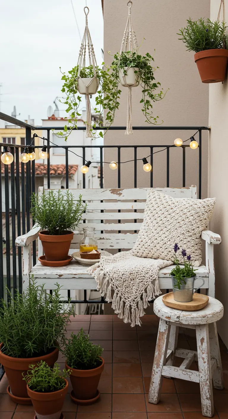 Wit houten bankje op balkon met macramé kussen, kruiden in potten en lichtslinger.