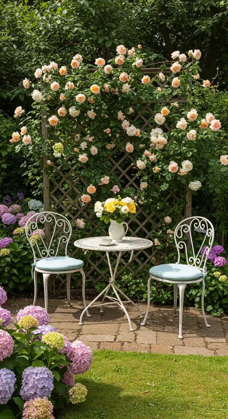 Witte bistroset met blauwe kussens, klimrozen en pastelkleurige hortensia's in tuin.