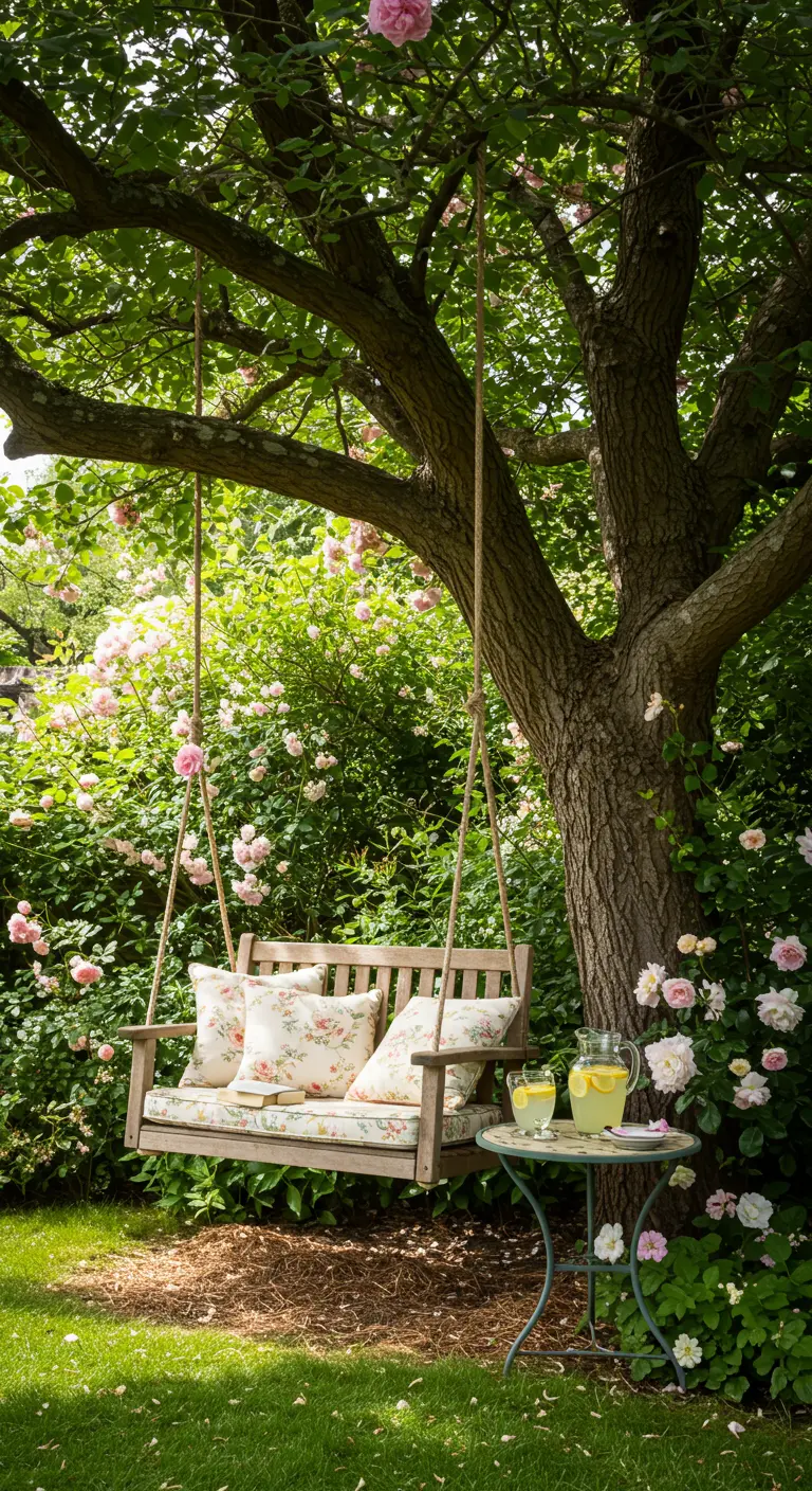 Houten schommelbank met bloemenkussens onder een bloesemboom in een tuin.