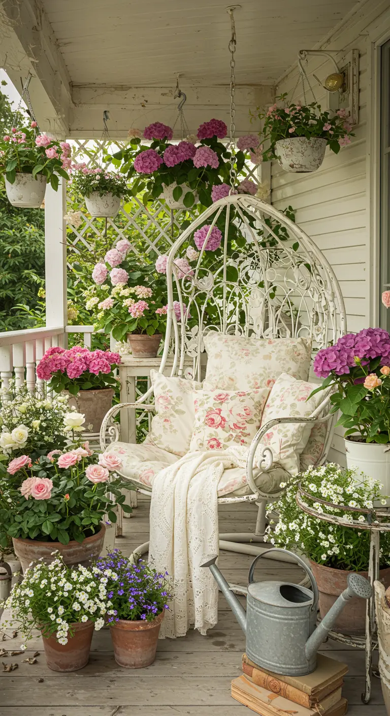 Witte metalen hangstoel op veranda met roze en witte bloemen, kussens met bloemenprint.