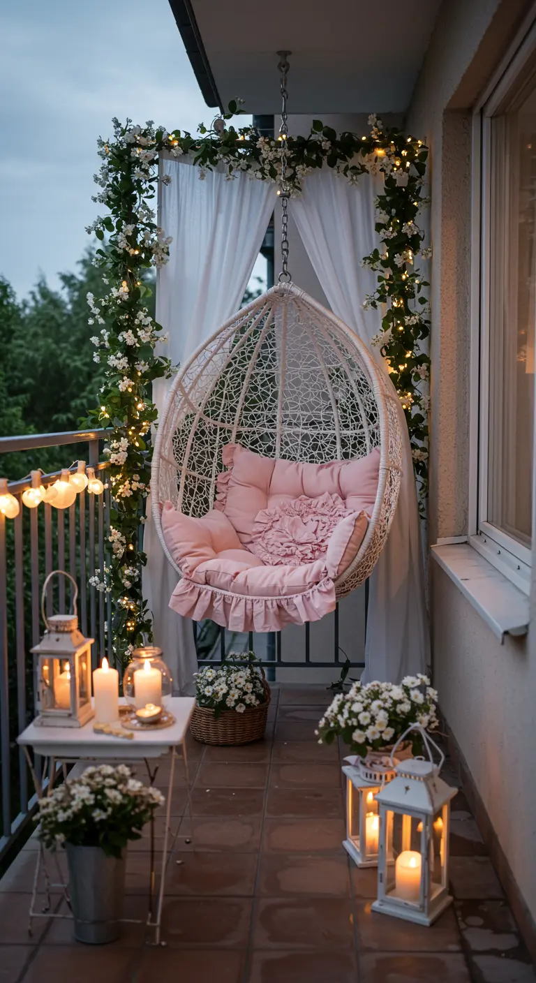 Romantisch balkon met witte hangstoel, roze kussens, bloemenboog en kaarsen.
