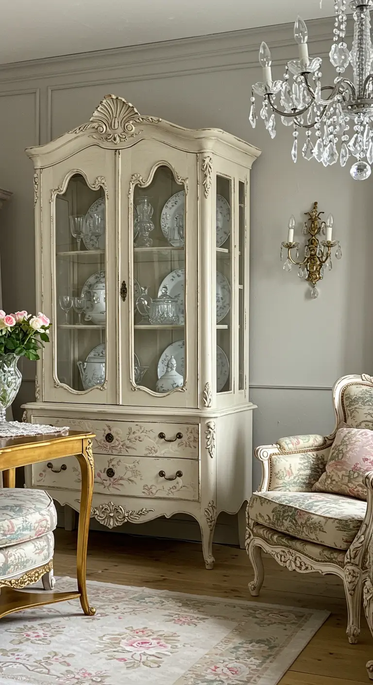 Romantische woonkamer met een crèmekleurige brocante vitrinekast en bloemmotieven.