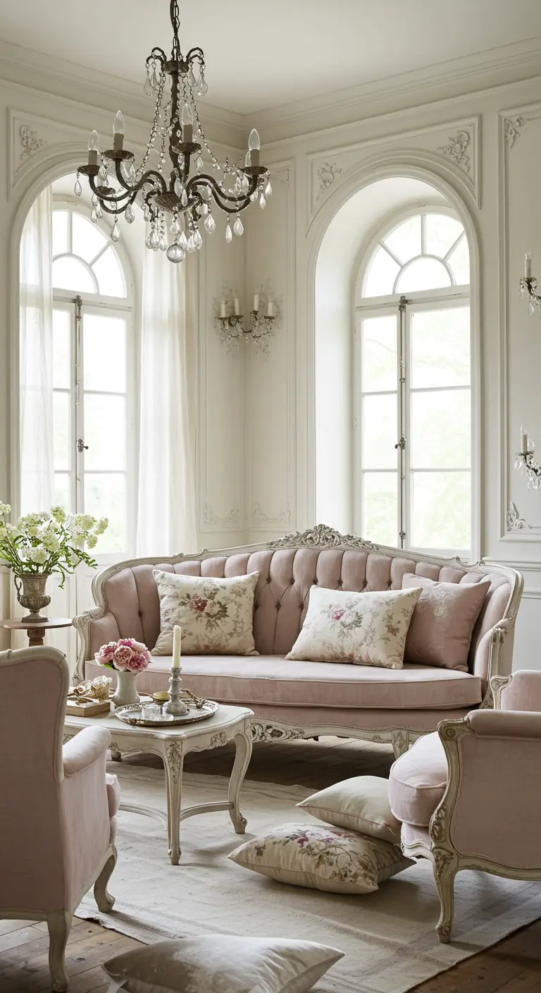 Lichtroze fluwelen sofa en fauteuils in een klassieke, romantische woonkamer.