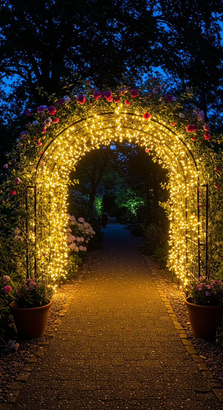 Metalen rozenboog 's avonds, overdadig versierd met warmwitte kerstlichtjes.