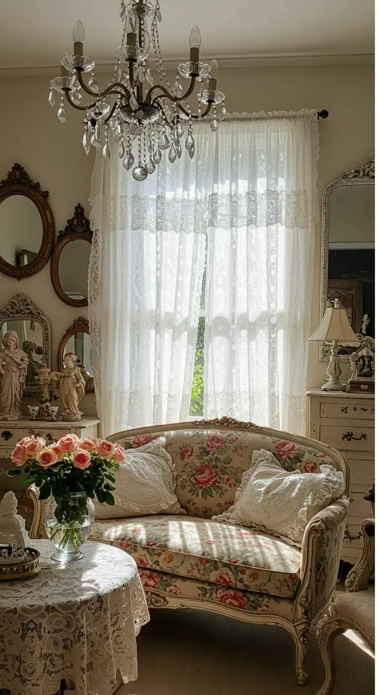Witte kanten gordijnen in een romantische woonkamer met bloemenbank en kroonluchter.