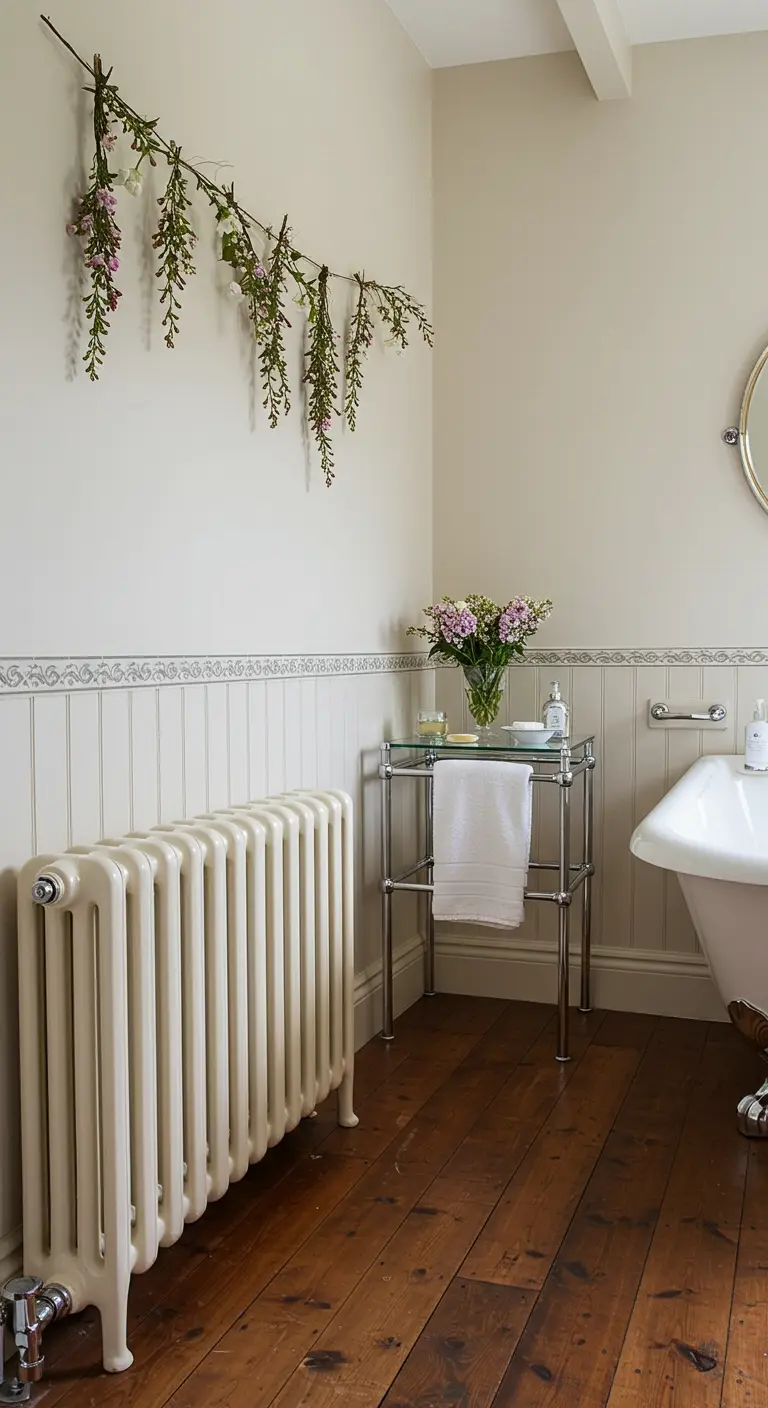 Crèmekleurige klassieke radiator met een bloemenslinger erboven en een vintage handdoekenrekje in een lichte badkamer.